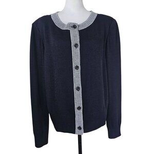 St. John Santana Knit Black Cardigan Sweater L Houndstooth Shimmer Trim Formal